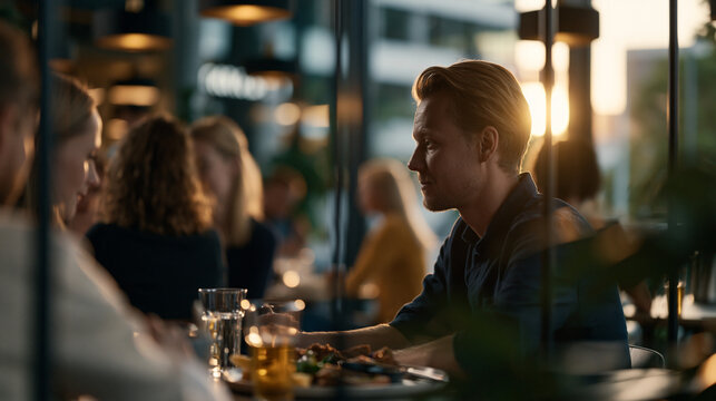 Office factions are implied by two distinct lunch clusters visible through a glass partition, body language and seating patterns telling the whole story without a single word, harsh midday sun split