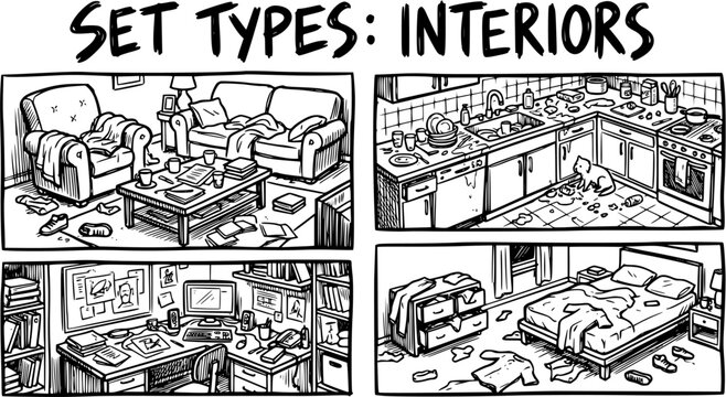 Lifestyle Home Interior Set Types: Messy Rooms in Hand-Drawn Black  White Line Art Illustration