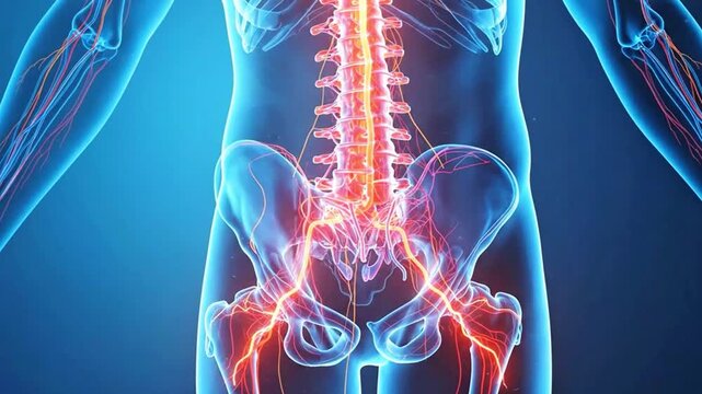 A medical video illustration of a human skeleton with a glowing spine