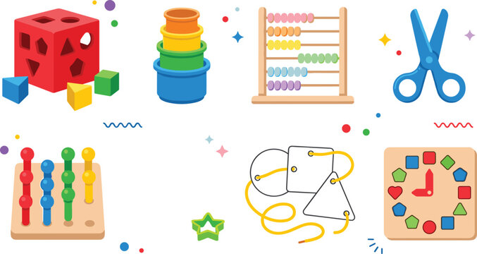 Educational Kids Learning and Preschool Activity Icon Collection Featuring Shape Sorting Toys, Abacus Counting Frame, Scissors, and Creative Motor Skill Development Tools