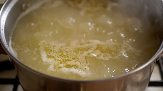 Vigorous bubbles rise and pop within a shiny stainless steel pot resting on a modern kitchen stove top, showcasing the initial stages of heating liquid for culinary purposes.