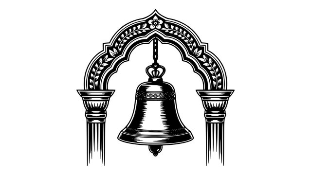 Vintage engraved style temple bell with ornate archway black and white illustration