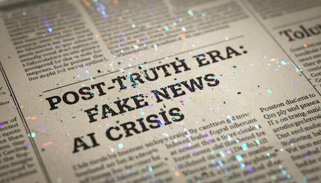 Newspaper print dissolving into glowing corrupted digital glitch pixels concept