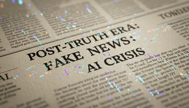 Newspaper print dissolving into glowing corrupted digital glitch pixels concept