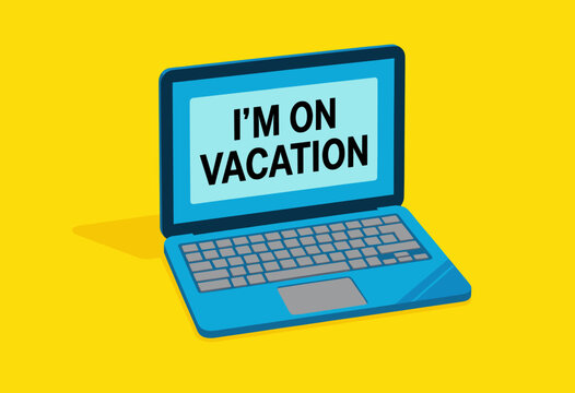 Blue Laptop Displaying Vacation Message on Bright Yellow Background