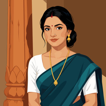 Elegant Indian Woman in Traditional Sari Posing Beside Ornate Wooden Pillar