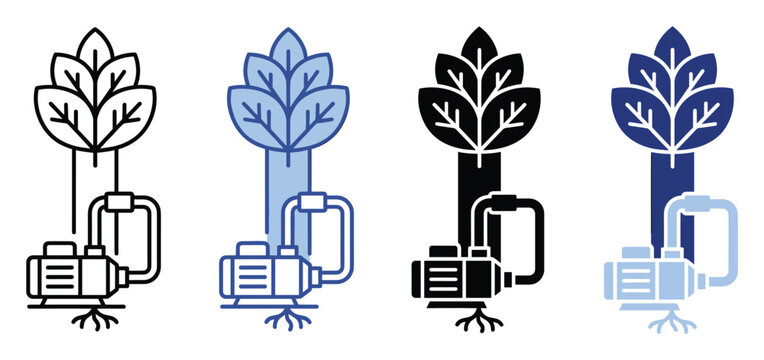 Set of hydroponic plant icons showing irrigation pump for modern agriculture and farming