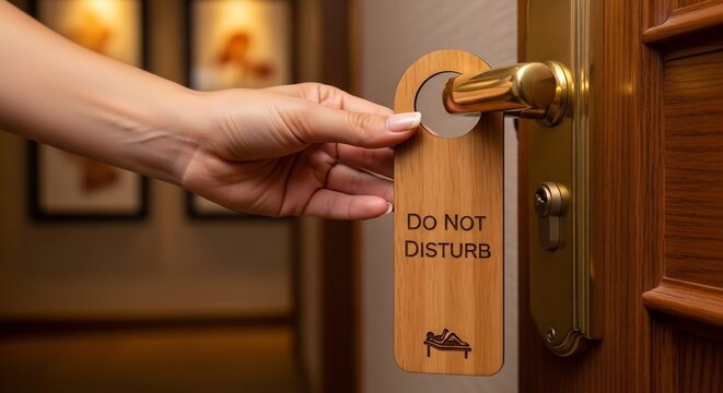 Hand placing a Do Not Disturb sign on a hotel room door handle.