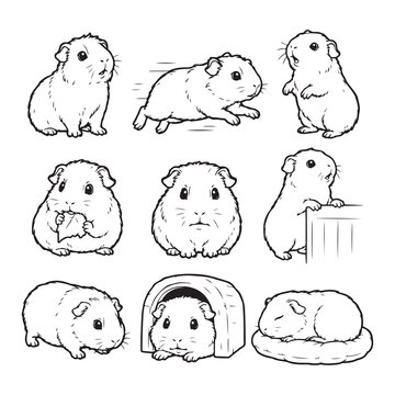 Cute Guinea Pig Cartoon Character Collection with Different Poses Line Art