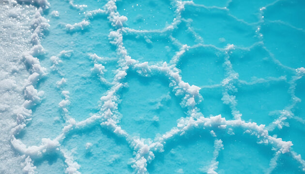 Evaporating lithium brine pool texture with turquoise liquid and white salt crystals
