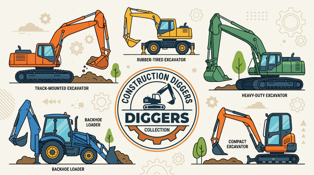 Set of construction diggers and excavators for heavy work. EPS Editable. Vector Illustrations.