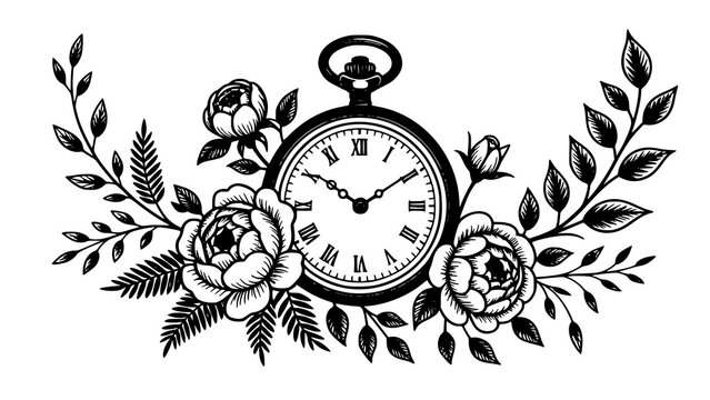 Vintage pocket watch with floral arrangement black and white engraving style
