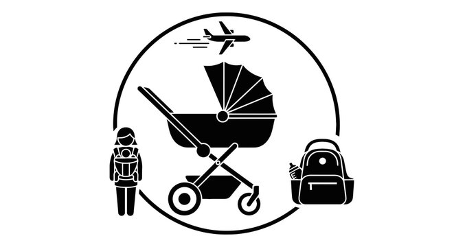 Stroller with baby and travel accessories.