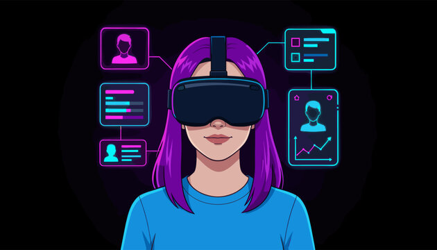 Woman Wearing VR Headset with Digital Data Interface Floating Around Her
