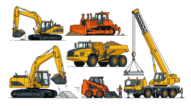 Set of Various Heavy Construction Machinery and Earthmoving Equipment. EPS Editable. Vector Illustrations.