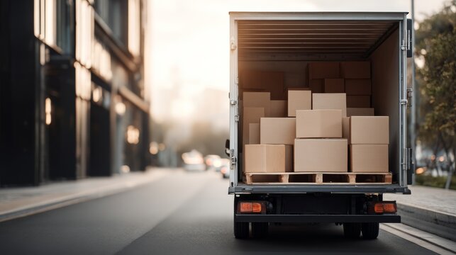back view of modern truck loaded with cardboard boxes, moving day concept background with copy space
