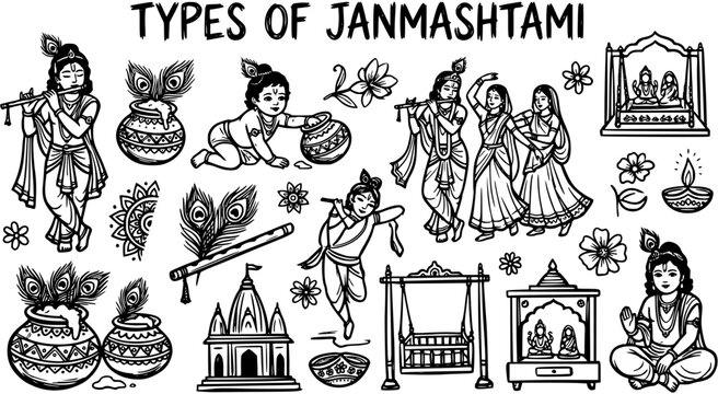 Hindu Janmashtami Festival Black and White Line Art Doodle Illustration with Lord Krishna, Radha, Bal Gopal, Temples, Flutes, and Religious Symbols.