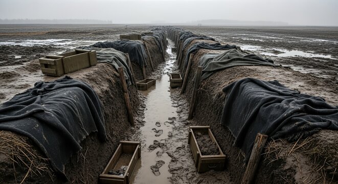 Archaeological dig site with muddy trenches and wooden crates filled with soil in an overcast landscape