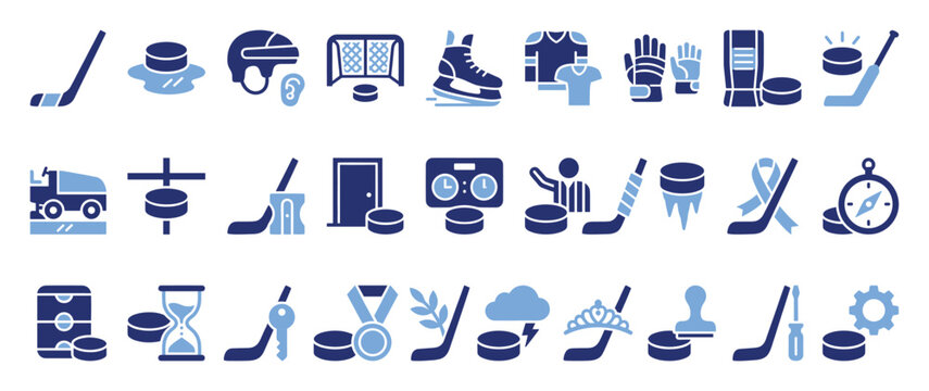 Set of ice hockey related icons including equipment and game elements for sports graphic design