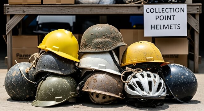 Assortment of vintage and modern protective helmets and hard hats stacked together showcasing wear and tear