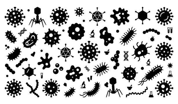 Modern virus and bacteria silhouette icon set with germ microbe and pathogen elements vector illustration