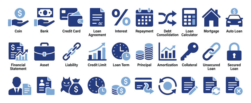 Set of financial and loan services icons for banking and debt management infographics