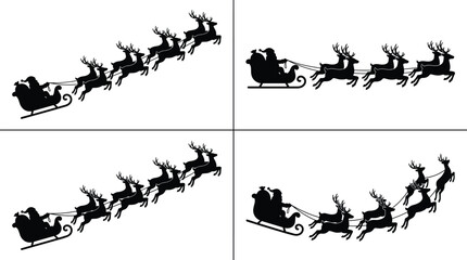 Santa sleigh with reindeer silhouettes set isolated on white background, Christmas flight scenes, holiday vector collection © MdTanvir
