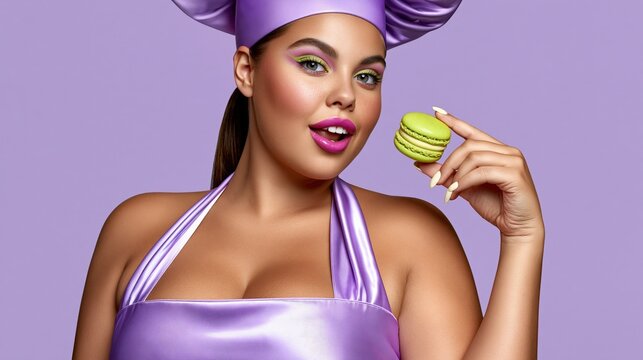 Gorgeous plus-size woman chef in a pastel purple satin dress holding a green French macaron biscuit, colorful pinup dessert concept