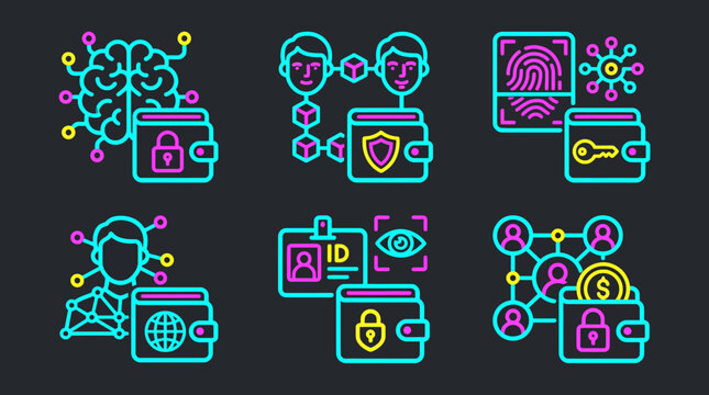 Digital identity and secure crypto wallet neon icon set