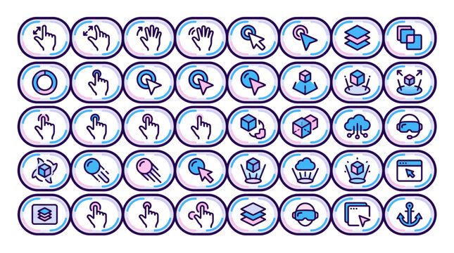 Interactive gesture and 3d interface pixel bubble icon set