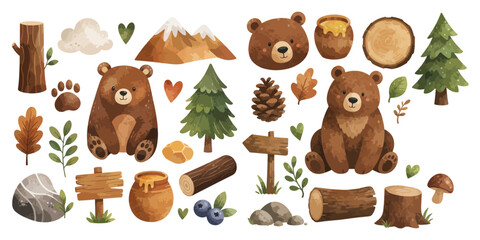 Fototapeta premium watercolor brown bear collection