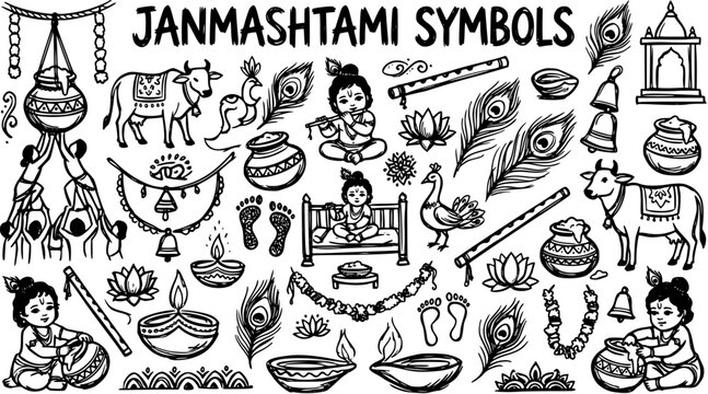 Janmashtami Symbols: Black  White Line Art Doodle Collection of Hindu Festival Icons featuring Baby Krishna, Cow, Flute, Butter Pot, and Peacock Feather.