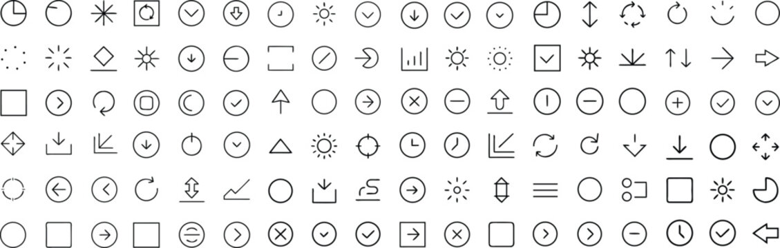 A comprehensive collection of simple line icons representing various actions, processes, and information. This assortment includes symbols for loading, completion, direction, communication.