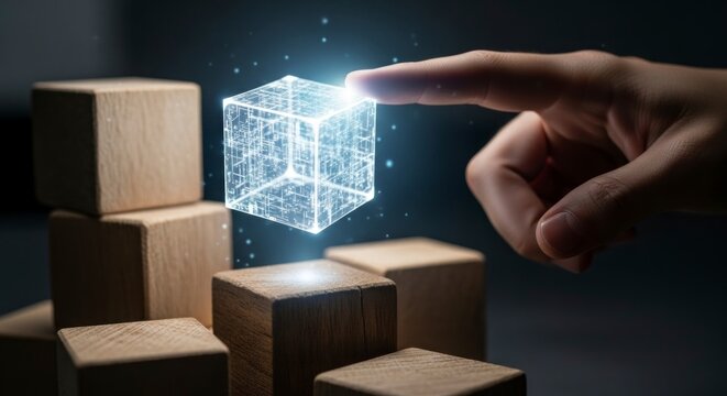 Ilustra&ccedil;&atilde;o abstrata de um cubo digital brilhante com uma m&atilde;o estendida.