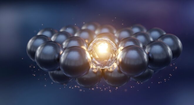 Ilustra&ccedil;&atilde;o abstrata de esferas com um globo central brilhante e efeito bokeh.