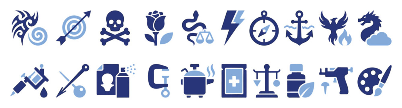 Set of tattoo and body piercing themed blue vector icons with symbolic elements and essential