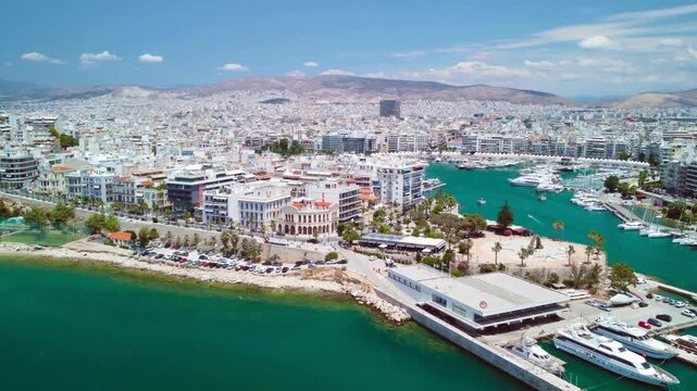 Breathtaking Aerial panorama of the Piraeus district in Athens, Greece, with Zea Marina, drone footage of Harbor in Piraeus Athens Greece during summer .Tourist destination point during summer vacati 