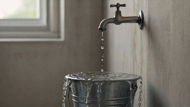 globule. Water tap left open with droplets falling into an overflowing metal bucket. ESG reports, sustainability campaigns, designed for sustainability communications and ESG reporting.