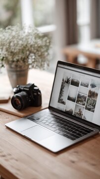 digital photo gallery on computer screen and modern camera on the table