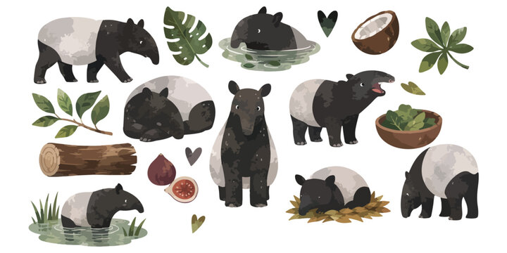 watercolor cute tapir collection