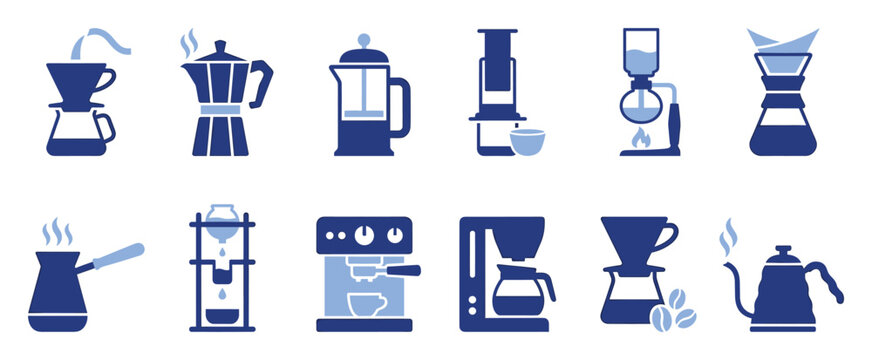 Set of coffee brewing methods icons featuring various coffee makers and equipment for cafe menus or