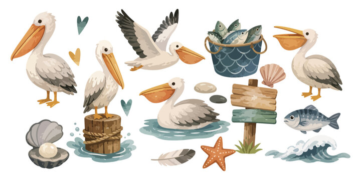 watercolor cute pelican collection