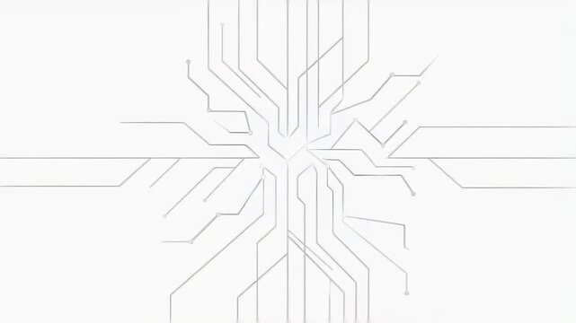 Abstract white circuit lines forming a symmetrical geometric network design for graphic resources.