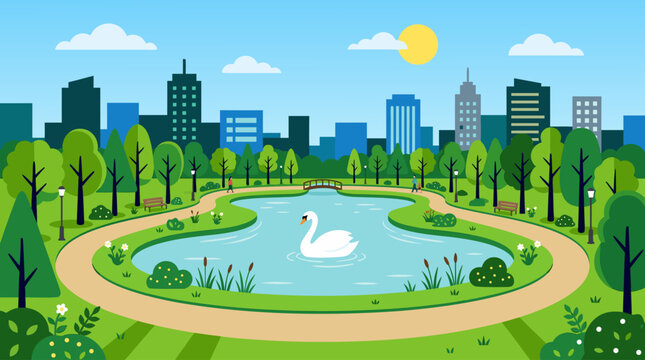 Green city park with a central pond and a white swan swimming. Modern skyscrapers skyline backdrop, urban nature vector.