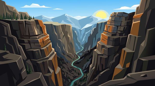 Deep narrow canyon gorge with a river flowing between dark steep cliffs. Majestic geological rock formations, nature vector.