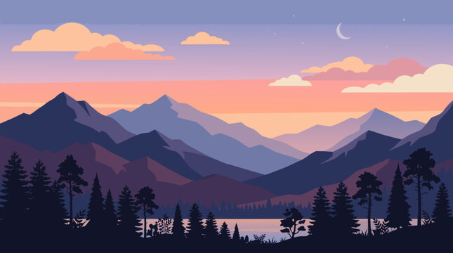 Beautiful mountain lake surrounded by pine forest at pink sunset sky. Serene alpine wilderness reflection, nature vector.