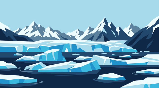 Frozen arctic ocean with floating blue icebergs and high snowy mountains. Cold polar melting glacier wilderness, nature vector.