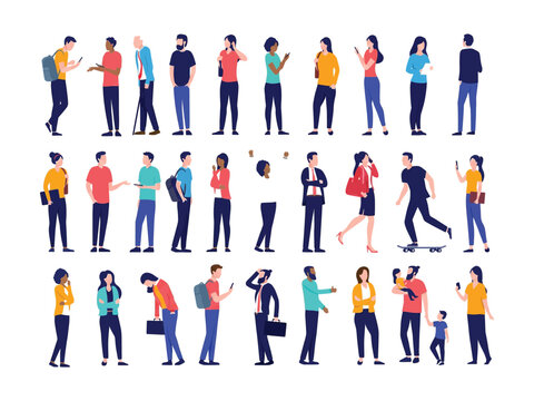 Diverse group of people standing and interacting in various poses and activities on white background