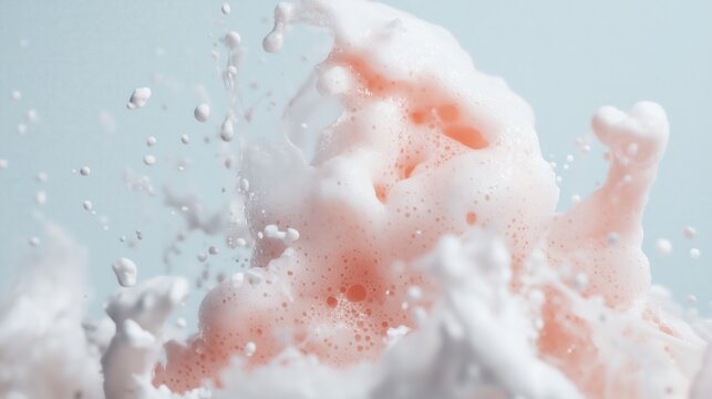 Pink Foamy Explosion: A dynamic abstract image capturing a burst of delicate pink foam mingling with white bubbles against a soft blue backdrop, creating a sense of effervescence and fluid motion.