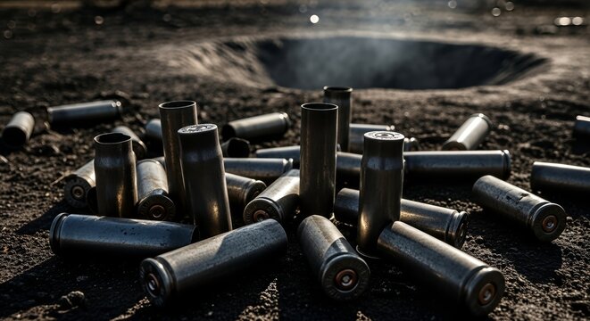 Spent Ammunition Casings Scattered on Gritty Ground After Firing